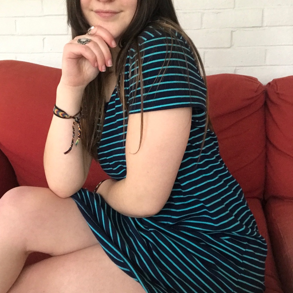 Blue and navy striped short sleeved dress